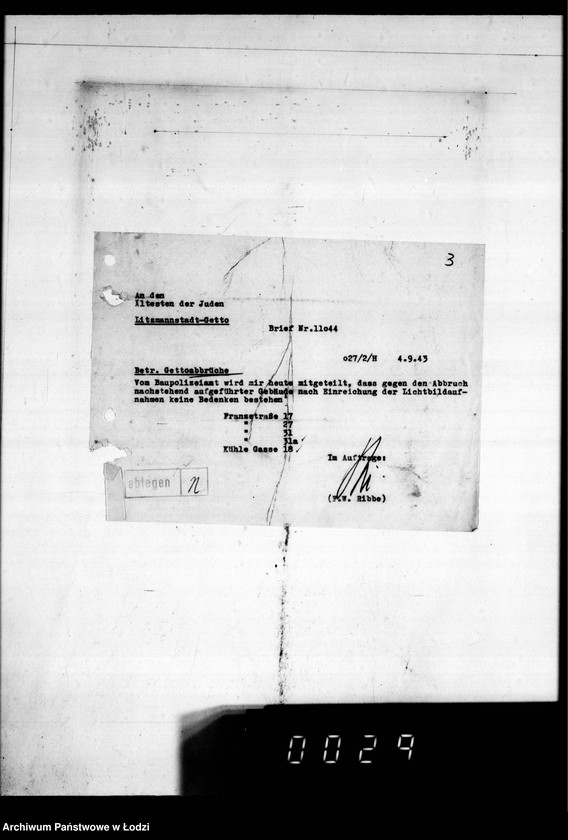 Obraz 7 z jednostki "Abbrüche im Getto. [Korespondencja w sprawie rozbiórki domów w Getcie, miesięczne zestawienia wykonanych prac, wykazy zatrudnionych przy pracach rozbiórkowych]"