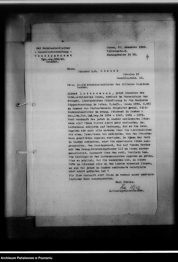 Obraz 8 z jednostki "Militärkirchenbücher [sprawy związane z poszukiwaniem i przejęciem ksiąg kościelnych w garnizonowych kościołach]"