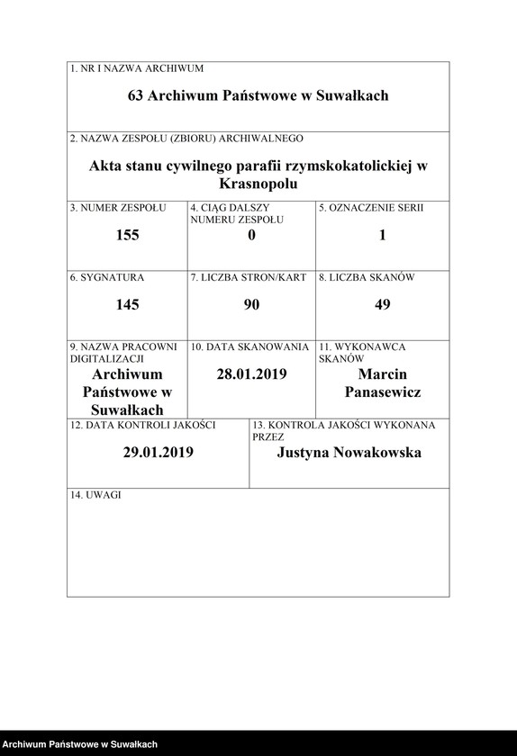 Obraz 1 z jednostki "Odpis z aktów księgi głównej (to jest z unikatu) [urodzeń, małżeństw i zgonów] za 1916 rok par. Krasnopol."