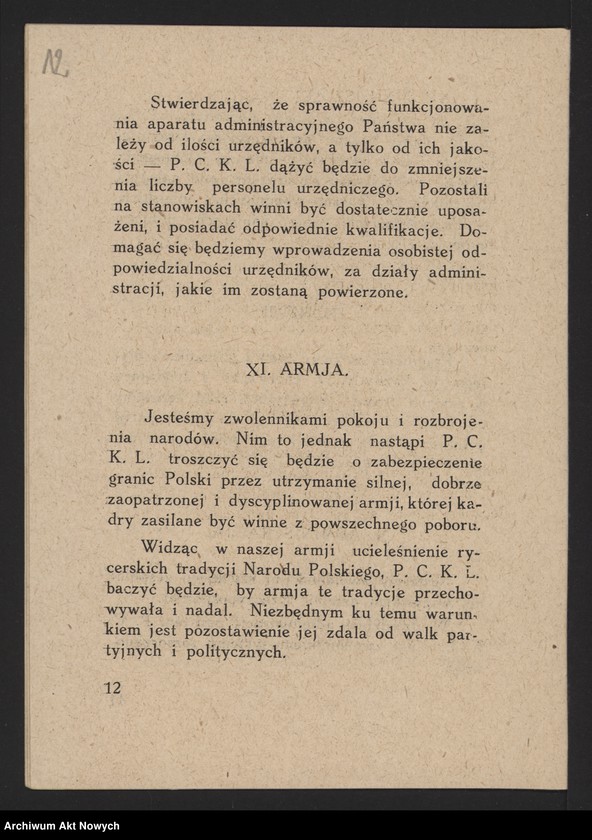 Obraz 14 z jednostki "Polskie Centrum Katolicko-Ludowe. Odezwa, program, zestawienie wydatków (maszynopisy, broszurka); patrz t.1709"