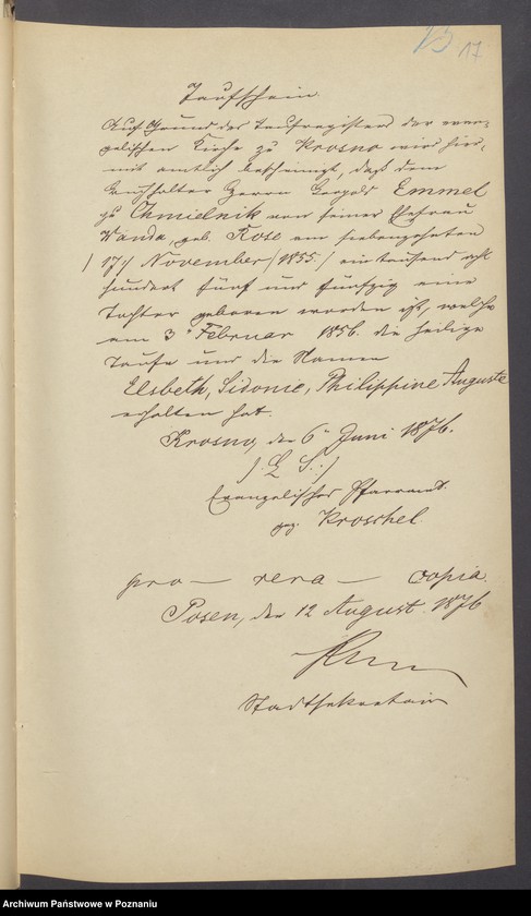 Obraz 19 z jednostki "Die von den Verlobten beigebrachten Urkunden zur Eheschliessung pro 1876"