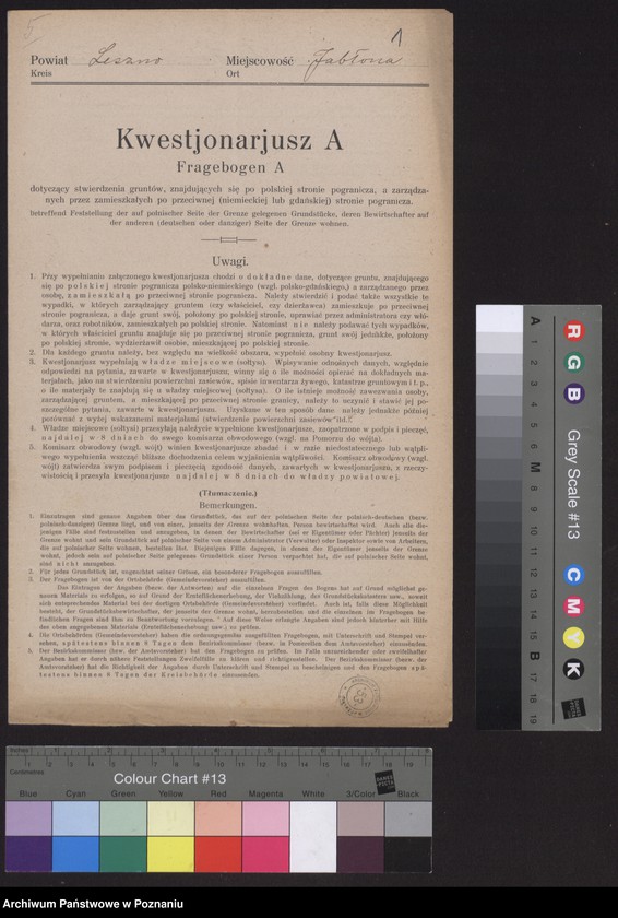 Obraz 3 z jednostki "[Kwestionariusze dotyczące stwierdzenia gruntów znajdujących się po polskiej stronie pogranicza a zarządzanych przez zamieszkałych po stronie niemieckiej] powiat leszczyński"