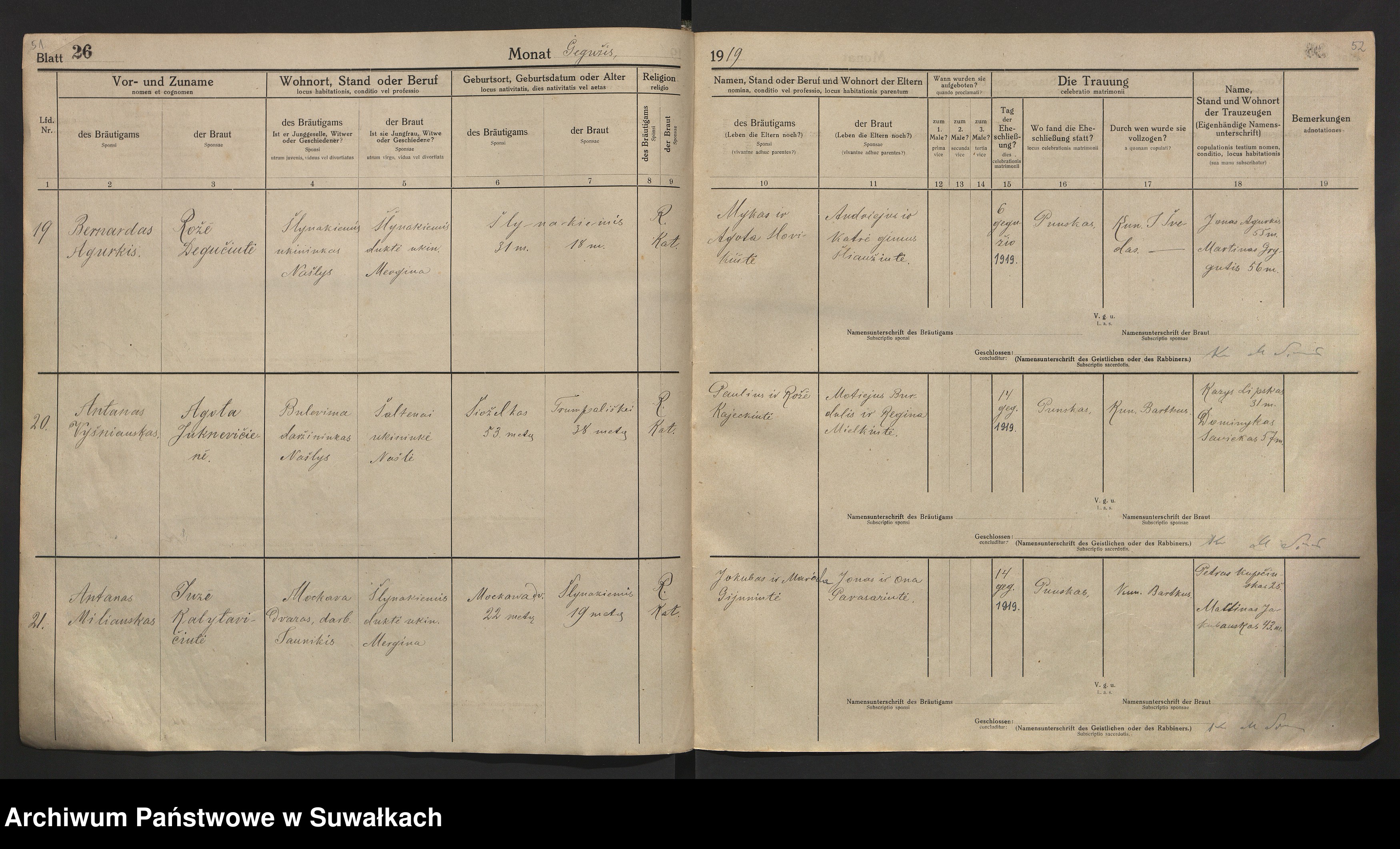 Skan z jednostki: [Księga akt małżeństw parafii rzymskokatolickiej w Puńsku z lat 1918-1921]