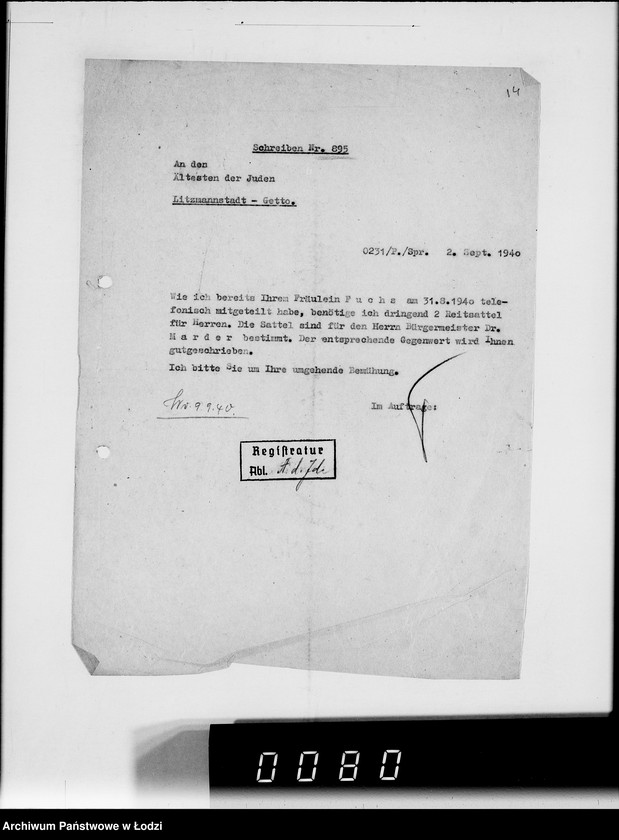 Obraz 18 z jednostki "Akten betr.Correspondenz mit dem Ältesten der Juden.Vom Schreiben Nr.1-1000"