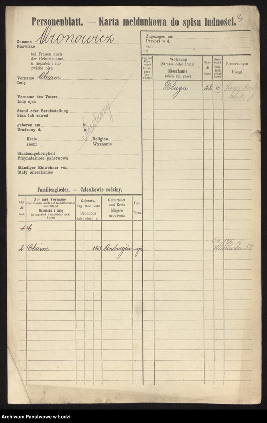 Obraz 5 z jednostki "[Spis ludności Łodzi] Aronowicz - Auerbach"