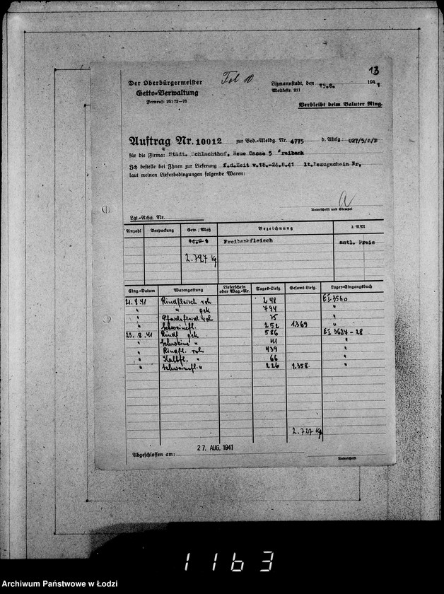 Obraz 17 z jednostki "Erledigte Aufträge von 10000-10999 [Zrealizowane zamówienia na produkty żywnościowe, oleje i inne towary dla Getta]"