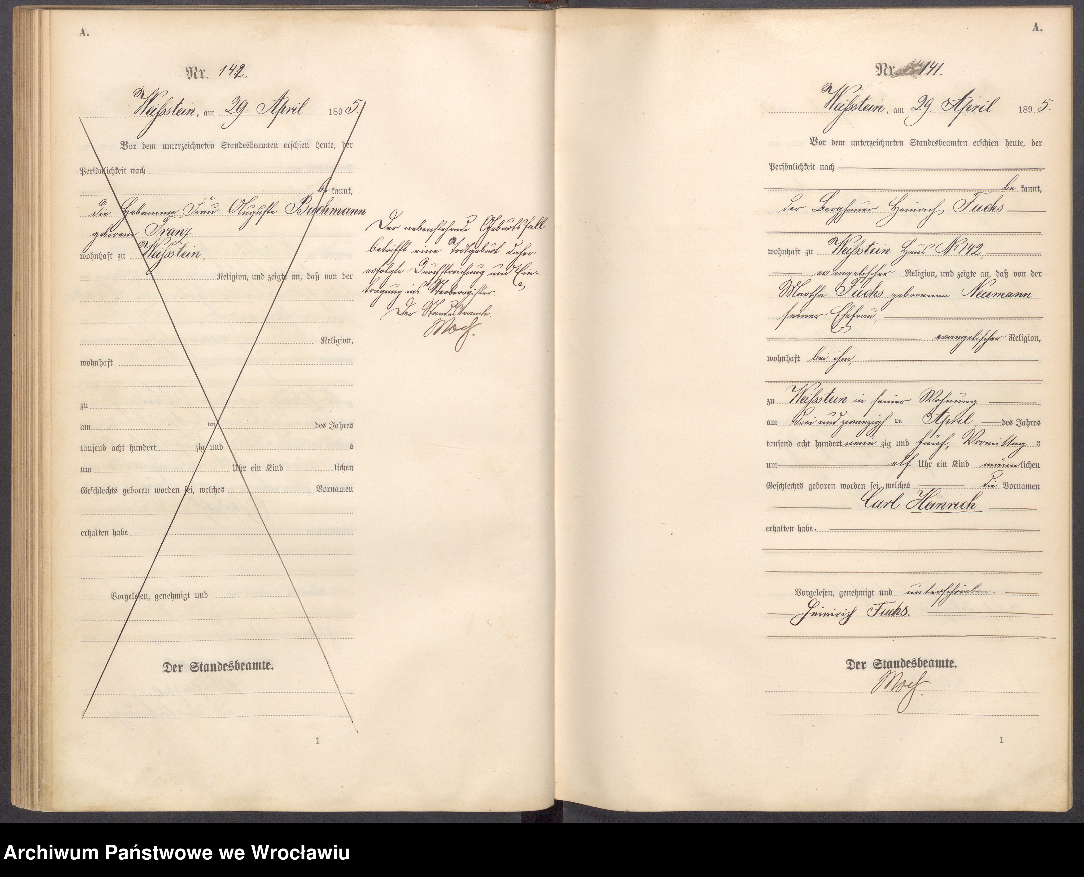 Skan z jednostki: Księga urodzeń USC Biały Kamień (Weissstein) 1895