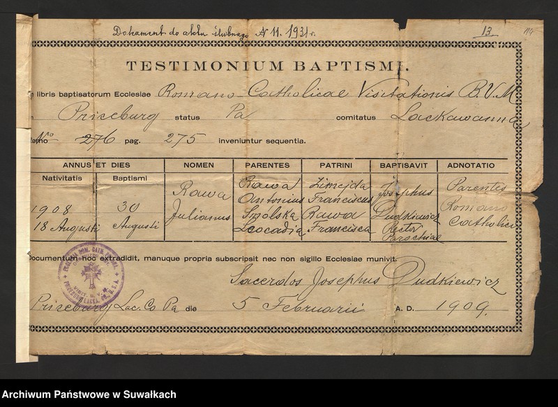 Obraz 16 z jednostki "Dokumenty przedstawione do ślubnych aktów roku 1931 w parafji rzymsko-katolickiej Filipów powiatu suwalskiego."