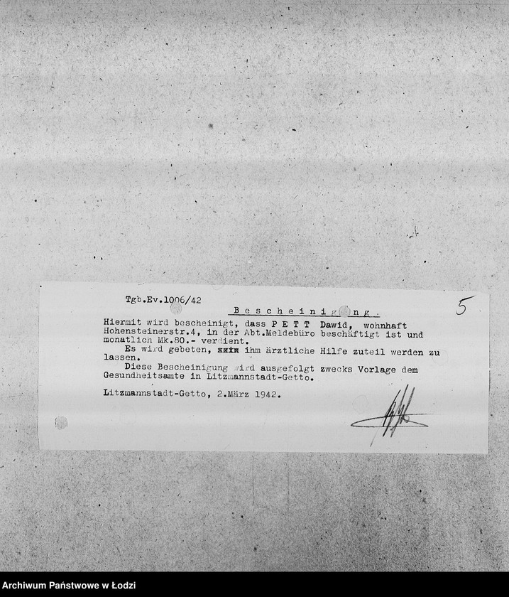 Obraz 8 z jednostki "[Kopie zaświadczeń dla pracowników Wydziałów Ewidencji o zatrudnieniu, wysokości poborów, potrąceniach za komorne, przydziałach żywnościowych i inne]"