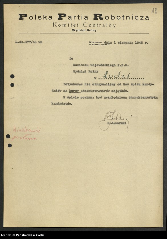 Obraz 19 z jednostki "Korespondencja [Wydziału z Wydziałem Rolnym] Komitetu Centralnego"