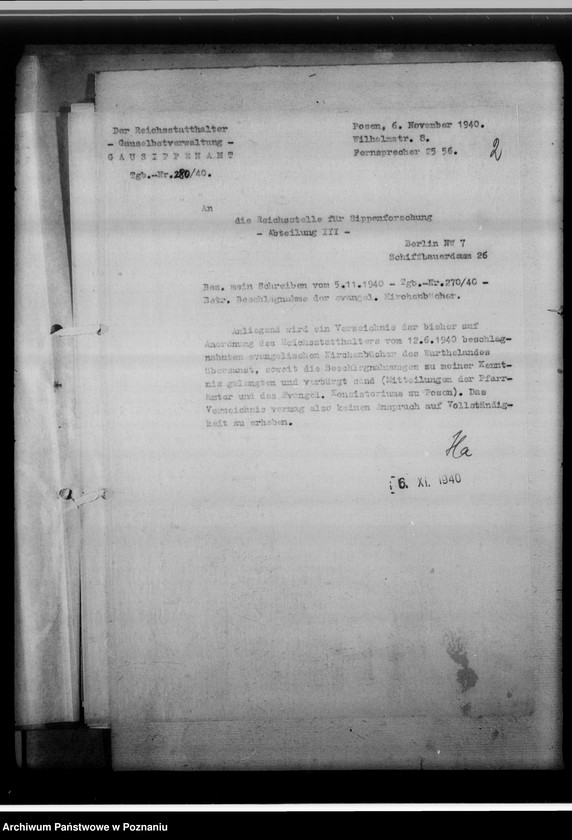 Obraz 6 z jednostki "Kirchenbücher der deutsch-evangelischen Kirche in Wartheland [korespondencja]"