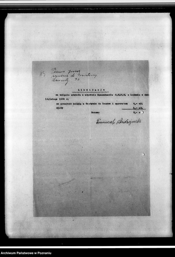 Obraz 20 z jednostki "Korespondencja federacji w sprawach personalno-organizacyjnych dotycząca zgłoszeń na kurs, rozliczenia z imprez, programów odpraw, regulaminów komisji finansowo-gospodarczej, spisy zaproszeń kombatantów na imprezy"