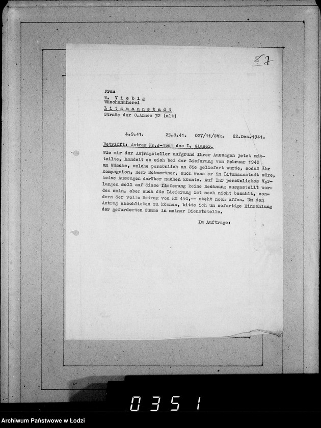 Obraz 11 z jednostki "J.1561-1580 [Wnioski Żydów z Getta o zwrot należności za towar wzięty na kredyt]"