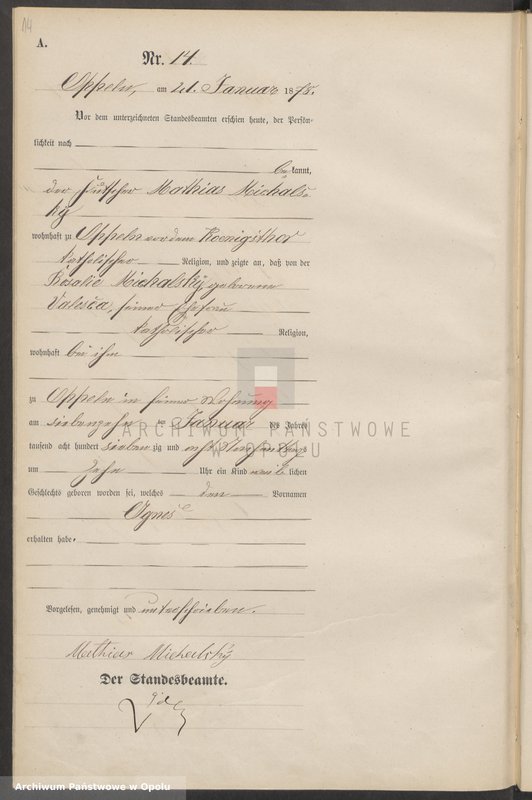 Obraz 18 z jednostki "Urząd Stanu Cywilnego w Opolu 1878 Rejestr Urodzeń Księga Miejscowa Nr 1 do 487"