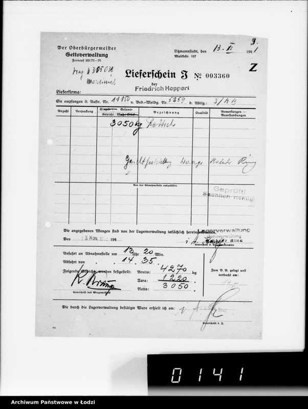 Obraz 13 z jednostki "Aufträge [Lieferscheinen und Rechnungen] 11100-11150 Lebensmitteleinkauf 5/Mü [Zapotrzebowania, zlecenia, rachunki, dowody dostawy na art.spoż.dla Getta]"