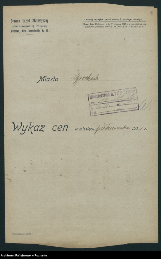Obraz 16 z jednostki "[Wykazy cen rynkowych artykułów spożywczych w poszczególnych miastach Województwa Poznańskiego za miesiąc październik 1921 roku]"