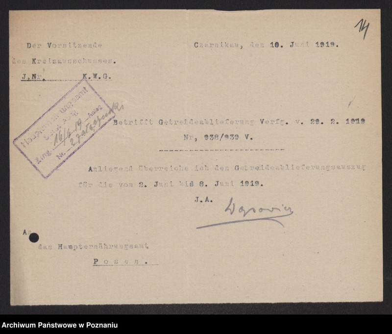 Obraz 16 z jednostki "[Wykazy odstawionego zboża przez Związek Komunalny w Czarnkowie]"