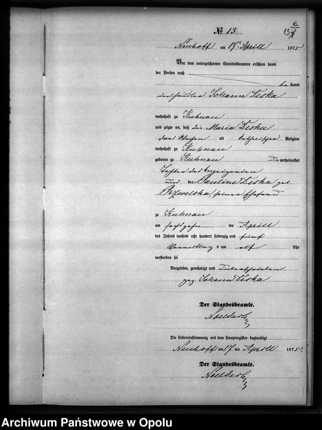 Obraz 16 z jednostki "Sterbe-Neben-Register Standesamts Kuhnau pro 1875"
