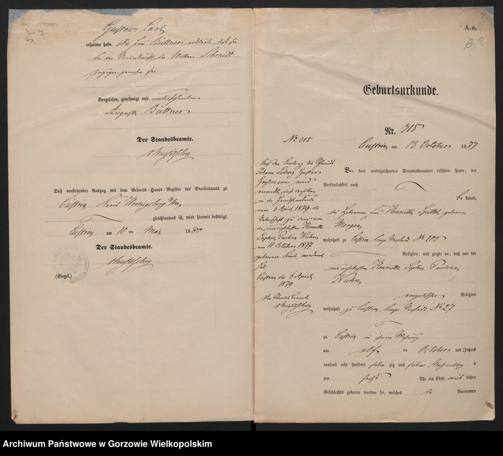 image.from.unit.number "Nebenregister des Standesamts zu Küstrin"