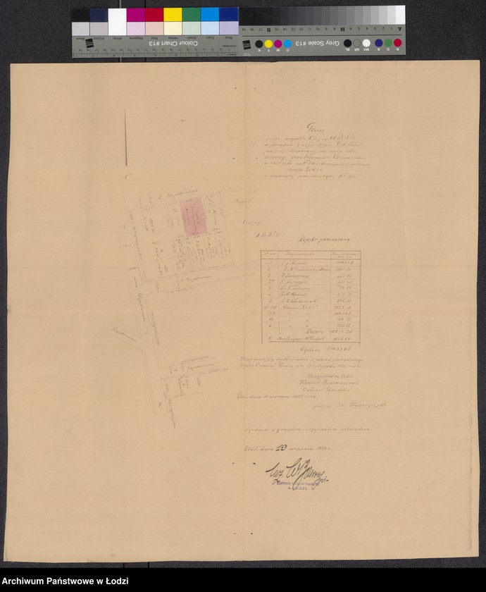 Obraz 1 z jednostki "Plan części majątku Chojny AB Nr 1 w starostwie i województwie łódzkiem położonej, stanowiącej na mocy aktu zeznanego przez notariuszem Chrzanowskim w 1924 roku za numerem 5464 komunalną własność miasta Łodzi i oznaczonej inwentarzowym numerem 113"
