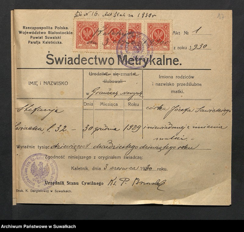 Obraz 19 z jednostki "Aneksa Aktów Ślubnych Rz-Katolickiej par. Wigierskiej za 1930 rok"