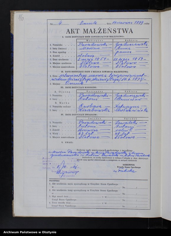 Obraz 18 z jednostki "Księga małżeństw Nr 1 - 12,1 - 9,1 - 15,1 - 12,1 - 17 i 1 - 15 /brak lat 1880 - 1882/ /przepisana w języku polskim z oryginału niemieckiego w dniach 8.10.-11.10.1961/"