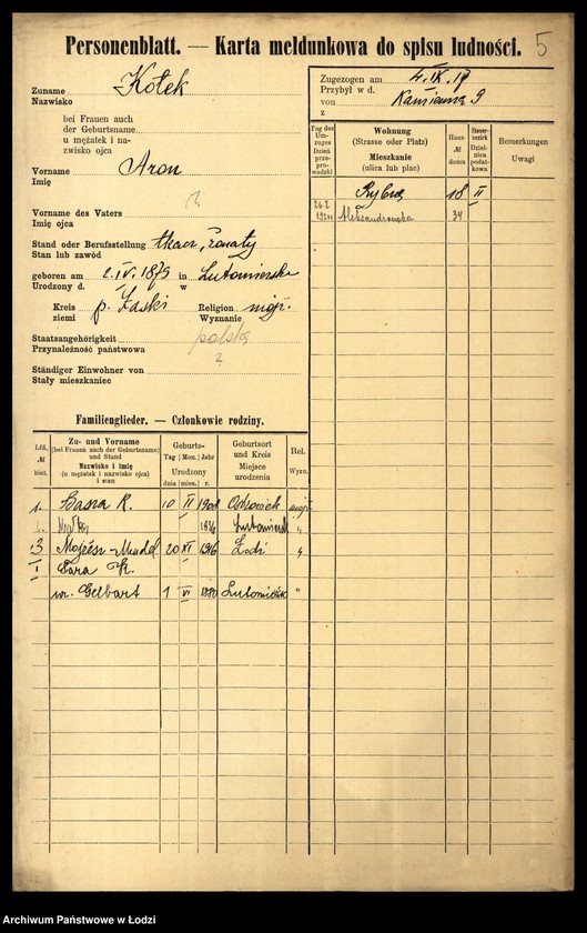 Obraz 7 z jednostki "[Spis ludności Łodzi] Kotek - Kowalczuk"