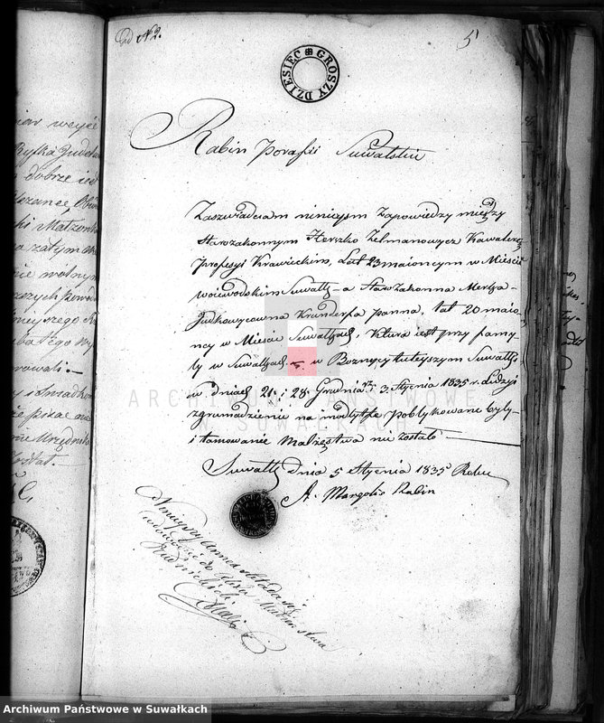 image.from.unit.number "Dowody do Akt Osób Zaślubionych Urzędnika Stanu Cywilnego Wyznania Mojżeszowego Okręgu Suwalskiego z roku 1835"