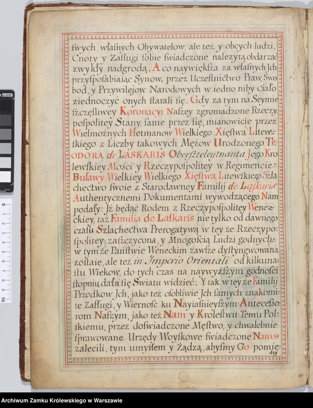 image.from.unit.number "Stanisław August król Polski etc... nadaje Teodorowi de Laskaris oberszter-lejtnantowi regimentu pieszego Wielkiego Księstwa Litewskiego indygenat, po uchwale sejmu 1766"