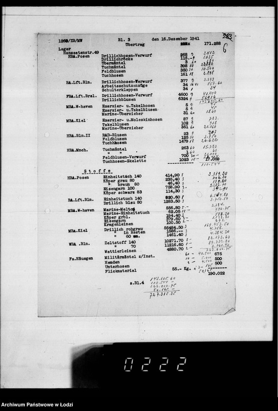 Obraz 10 z jednostki "Korrespondenz betr.Versicherung der im Getto zur Konfektionierung umlaufenden Wehrmachtsuniformen und Aufstellung über ausgeführte Transporte."