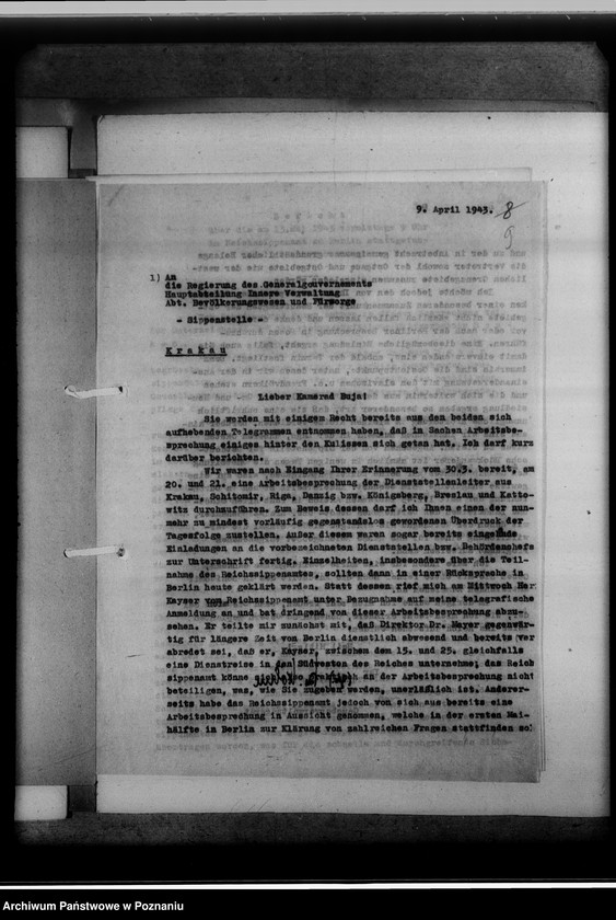 Obraz 13 z jednostki "Tagesordnung zur Arbeitsbesprechung der Sippenamtsleiter aus den Ortsgebieten in Posen [Poznań] [oraz korespondencja]"