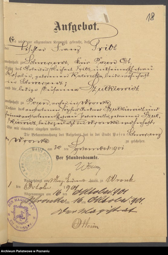 Obraz 20 z jednostki "Die von den Verlobten beigebrachten Urkunden zur Eheschliessung pro 1901. Vol XVI"