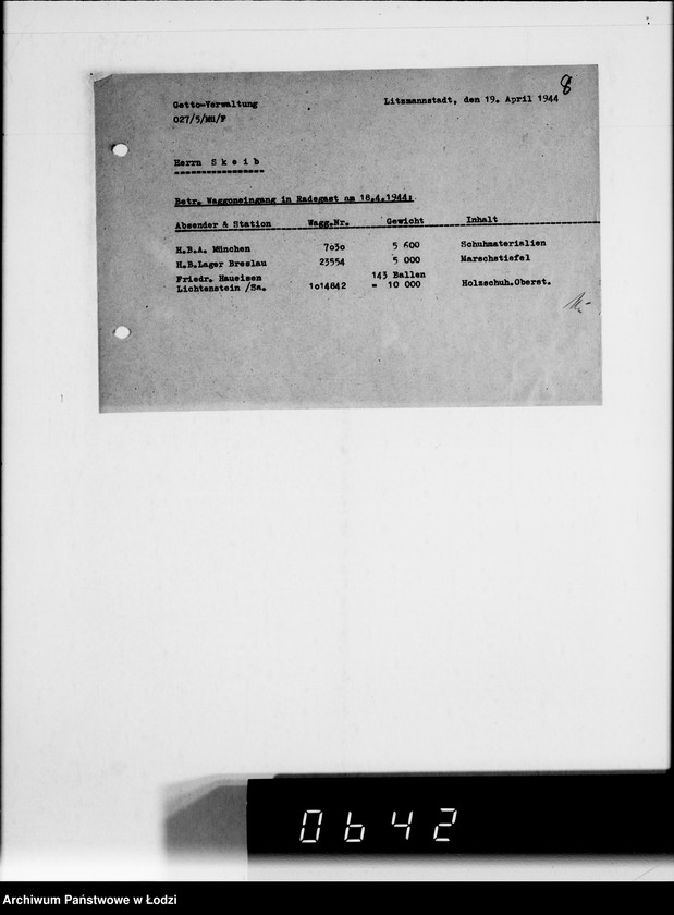 Obraz 13 z jednostki "Koresp.Radegast.[Dotyczy transportu starego obuwia oraz spodów do drewniaków]"