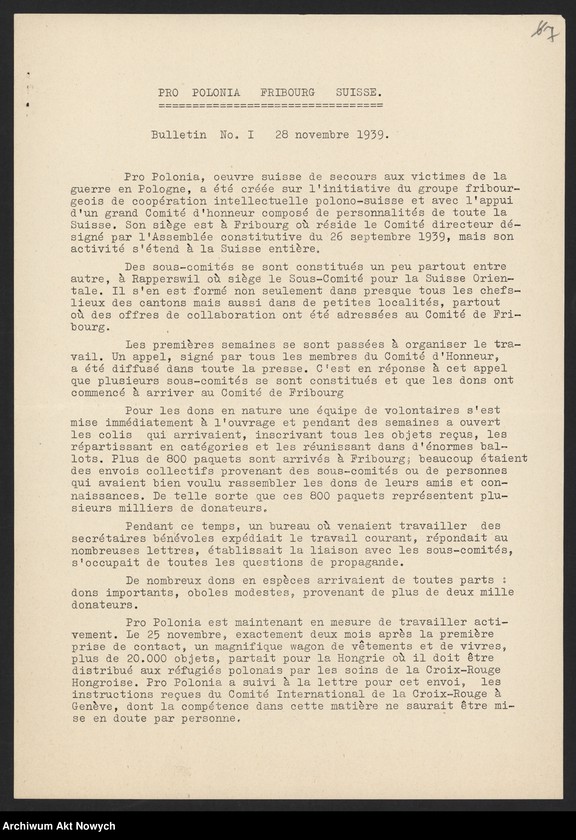 image.from.unit.number "Pro Polonia. Oeuvre suisse de secours aux Polonia victimes de la guerra; Załączniki: 1) Biuletyny Nr Nr 1,2,3; 2) Apel; 3) Raport dotyczący dzieci uciekinierów polskich; 4) kopia listu J. Dębickiego do "Pro Polonia"; L.3"