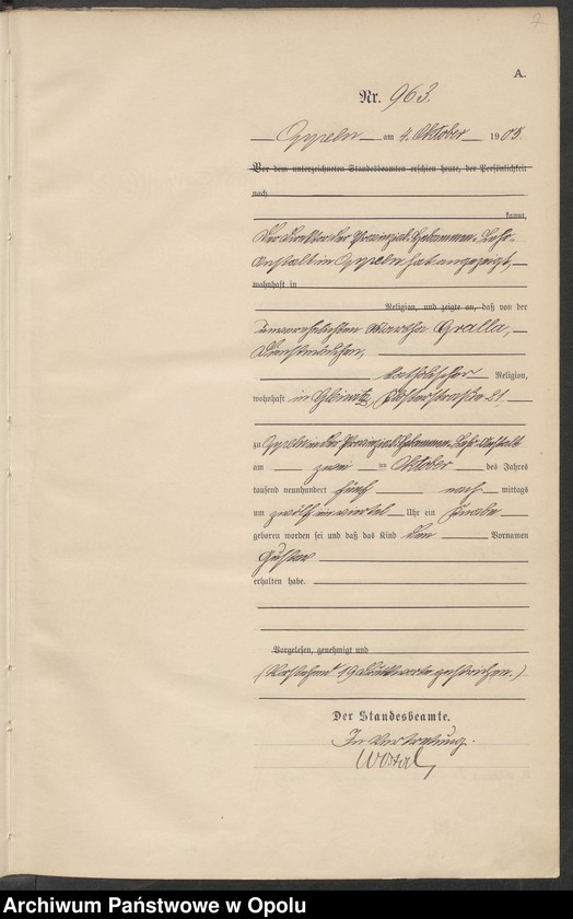 Obraz 11 z jednostki "Urząd Stanu Cywilnego w Opolu 1905 Rejestr Urodzeń miejscowa Nr 958 do 1287"