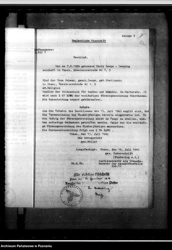 Obraz 16 z jednostki "Überführung des geistig zurückgeblie benen Harry Leepa in eine Heilanstalt im Altreich"