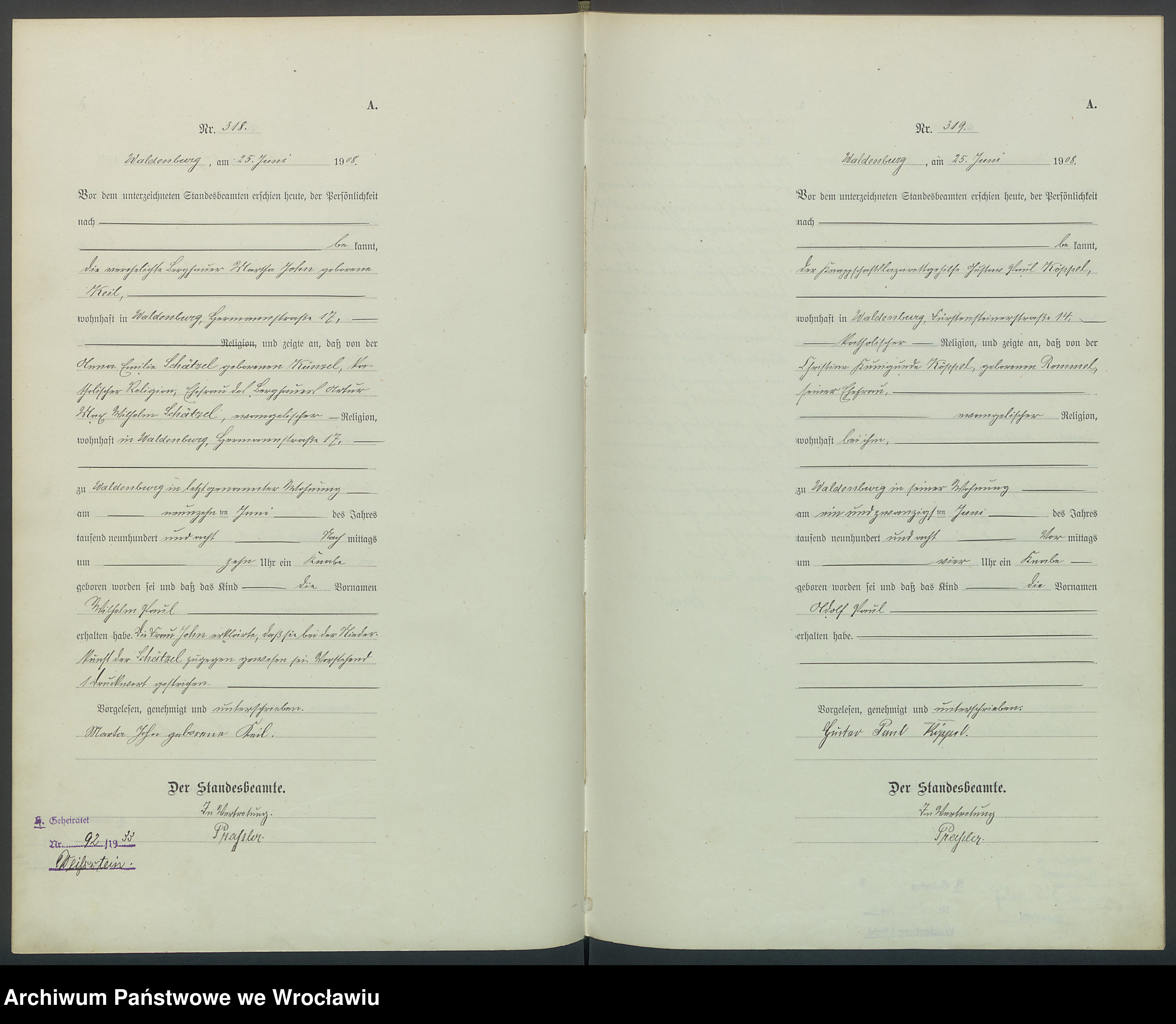 Skan z jednostki: Księga urodzeń Wałbrzych (Waldenburg) 1908