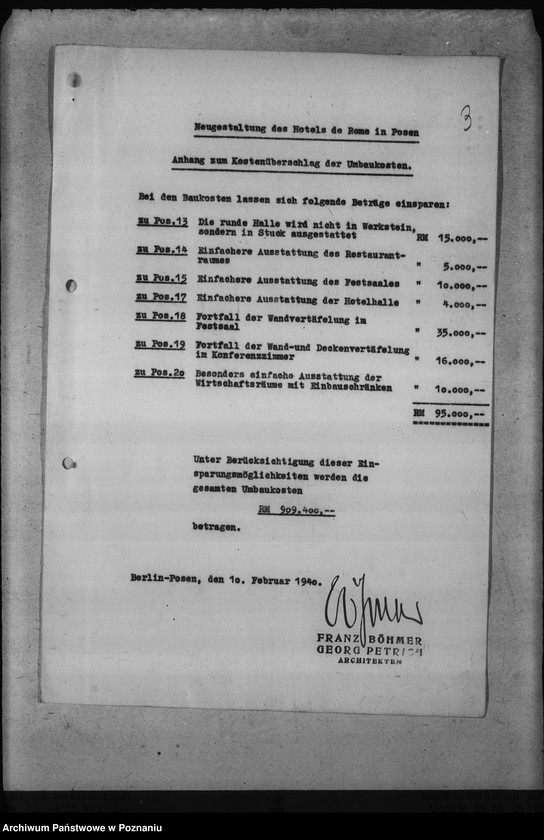 Obraz 7 z jednostki "Umbauten des Hotels de Rome in Posen, des Deutschen Schlosses, des Erholungsheimes der Reichsstatthalterei in Strohfelde, der Gauhalle und des Gauhotels"