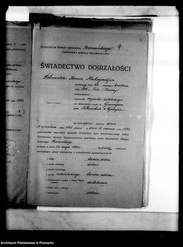 Obraz 13 z jednostki "Prywatne Gimnazjum imienia Sułkowskich w Rydzynie [odpisy świadectw egzaminu dojrzałości 1938 i 1939]"
