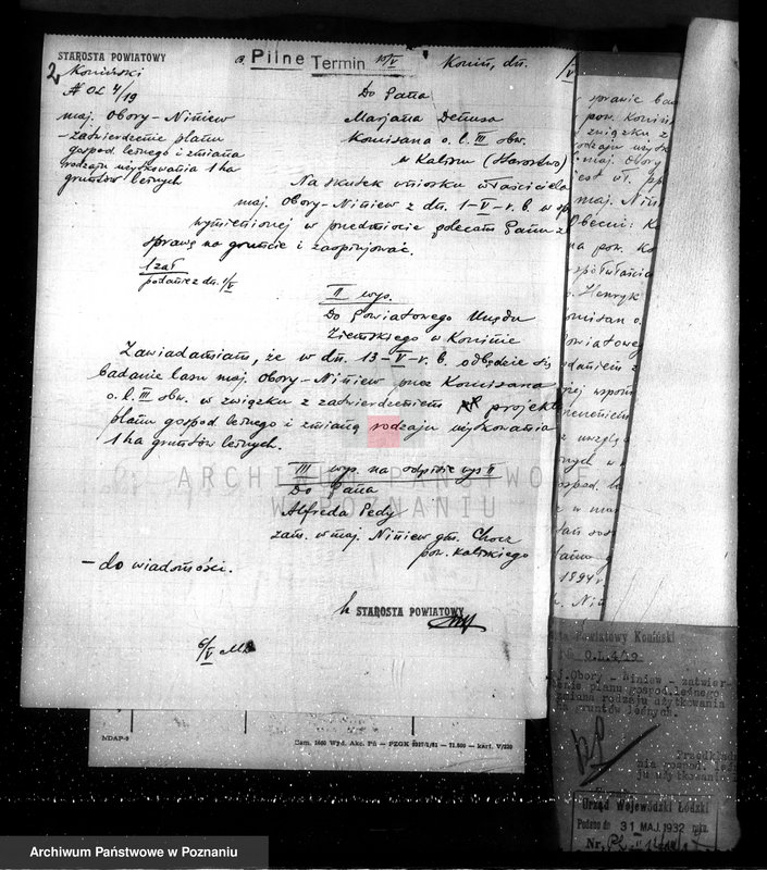 Obraz 6 z jednostki "Sprawa zmiany podziału użytkowania 1,00 ha gruntów leśnych w majątku Obory-Niniew powiaty koniński i kaliski"