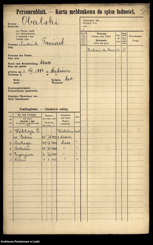 Obraz 5 z jednostki "[Spis ludności Łodzi] Obalska-Ochocki"