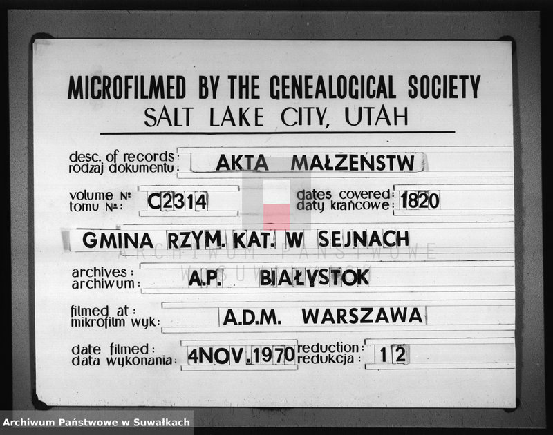 image.from.unit.number "Akta zaślubionych stanu cywilnego gminy seyneńskiey od 1-go stycznia 1820 roku."