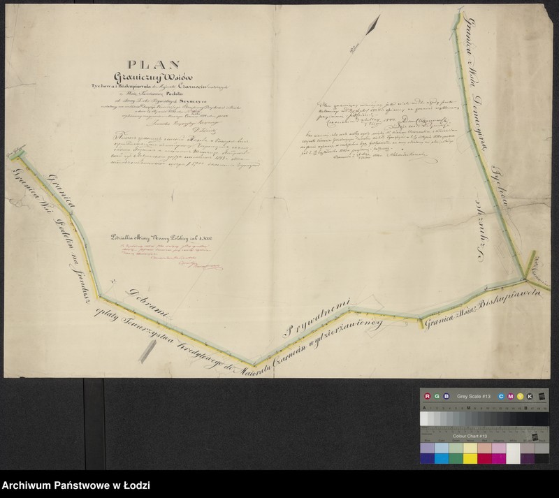 Obraz 1 z jednostki "Plan Graniczny Wsiów Tychowa i Biskupia Wola do majoratu Czarnocin należących z Wsią Funduszową Podolin od strony Dóbr prywatnych Szynczyce ..."