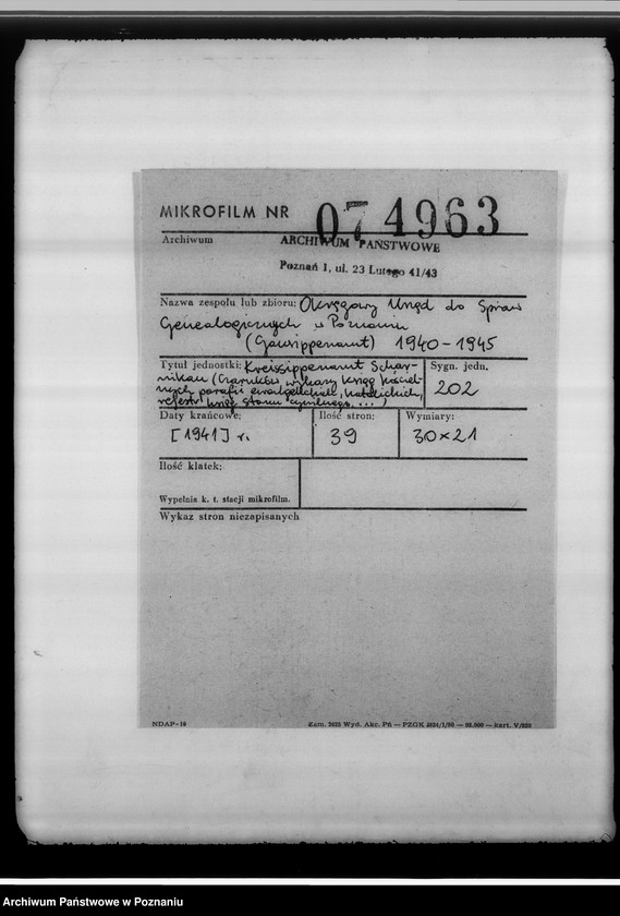 Obraz 2 z jednostki "Kreissippenamt Scharnikau [Czarnków, wykazy ksiąg kościelnych parafii ewangelickich, katolickich, rejestr ksiąg stanu cywilnego, spis duplikatów ksiąg, meldunkowych oraz konwertytów]"