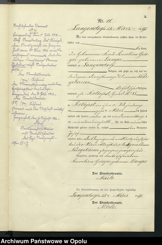 Obraz 15 z jednostki "Geburts-Neben-Register des Standesamts Langendorf pro 1891"