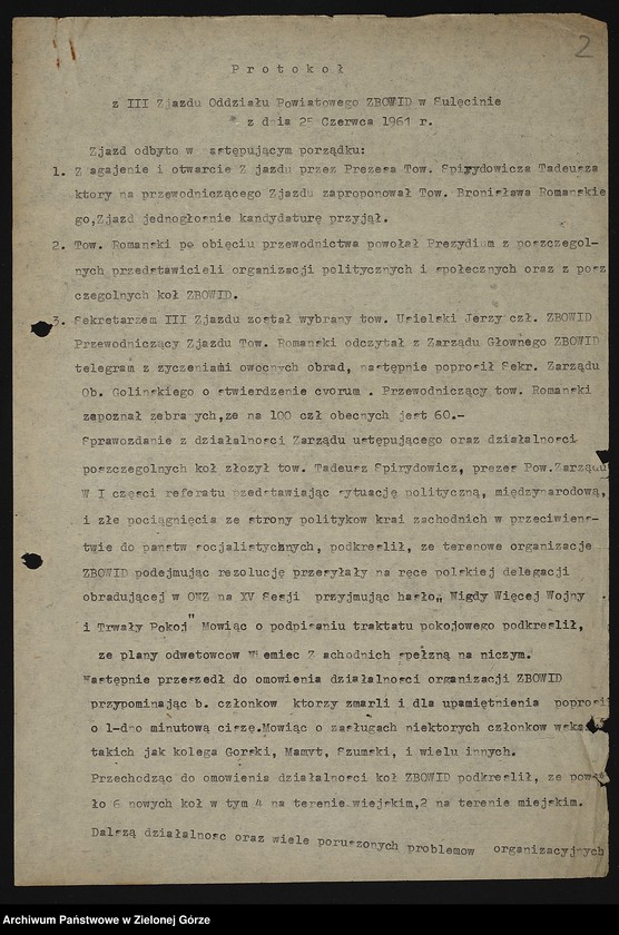 image.from.unit.number "Oddział Powiatowy ZBoWiD w Sulęcinie. Protokół z III Zjazdu Oddziału Powiatowego ZBoWiD z 25 czerwca 1961 r."
