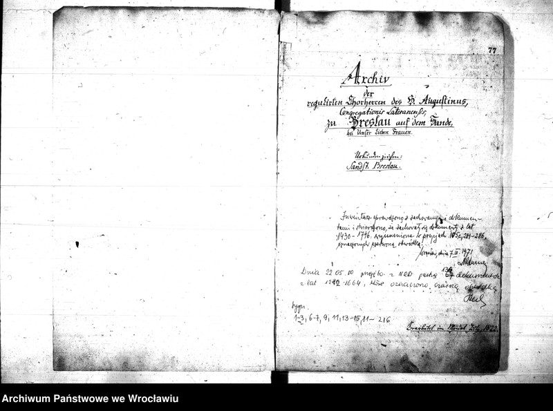Obraz z jednostki "Archiv der regulierten Chorcherren des St. Augustinus Congregationis Lateranensis zu Breslau auf dem Sande"