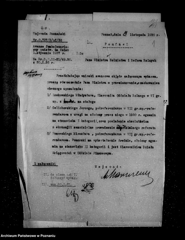 Obraz 5 z jednostki "/Awanse pracowników Urzędu Wojewódzkiego Poznańskiego w roku 1937/"