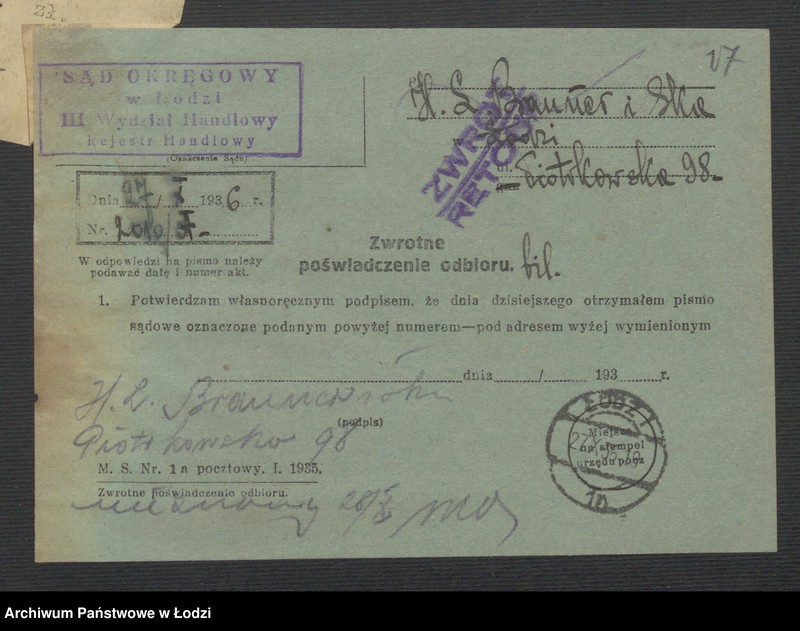 Obraz 19 z jednostki "Hersch Leib Brauner i S-ka - sprzedaż towarów manufakturowych i galanterji"