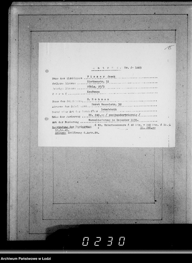 Obraz 19 z jednostki "J 1801-1820 [Wnioski Żydów z Getta o zwrot należności za towar wzięty na kredyt]"